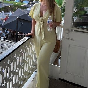 Lulu’s Summer Journey Light Green Tie-Front Cutout Jumpsuit large